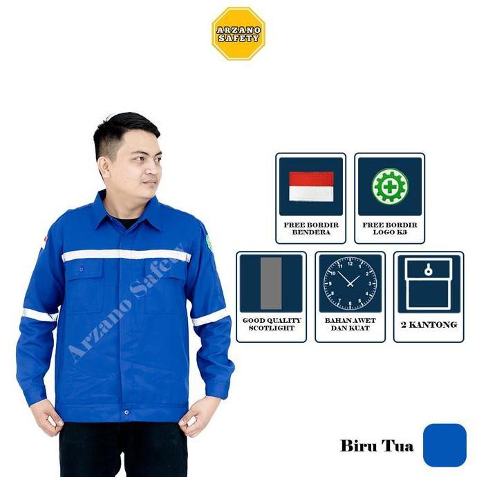 Wearpack Atasan Kemeja Safety Baju Safety Pria Lengan Panjang Seragam Kerja Merah Biru
