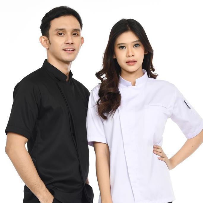 Baju Chef Baju Koki Chef Jacket Pria Wanita Lengan Pendek Model Korean Series B Warna Hitam Putih Sa