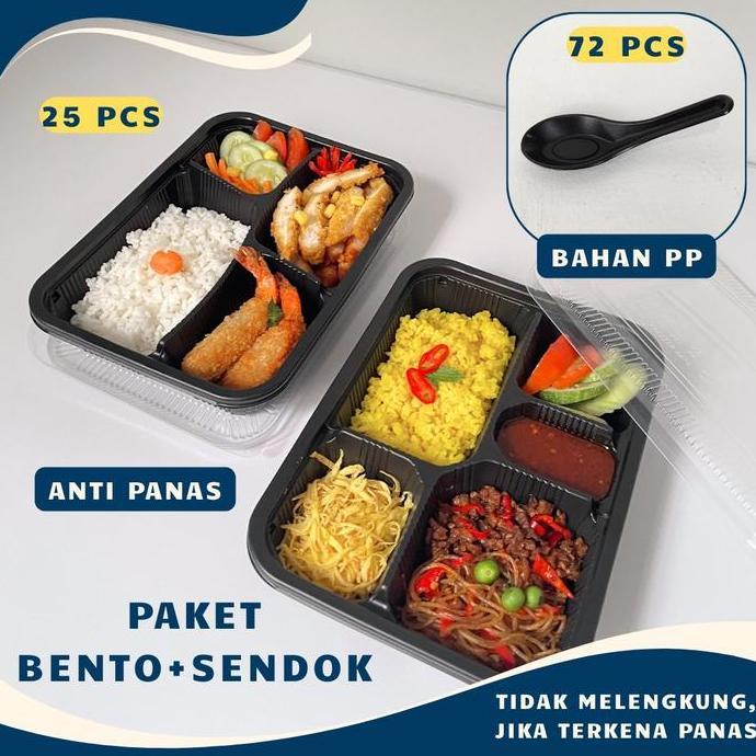 BAGIRNO81 - PAKET THINWALL BENTO TUPAI HITAM SEKAT 4, SEKAT 5 + SENDOK THINWALL BENTO HITAM / KOTAK 