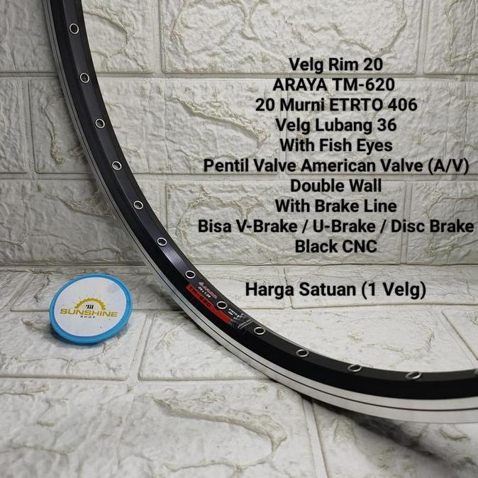 Rims Velg BMX 20 ARAYA TM620 Murni 406 Rim Lubang 36H Mata Ikan Alloy Double Wall Brake Line BLACK C