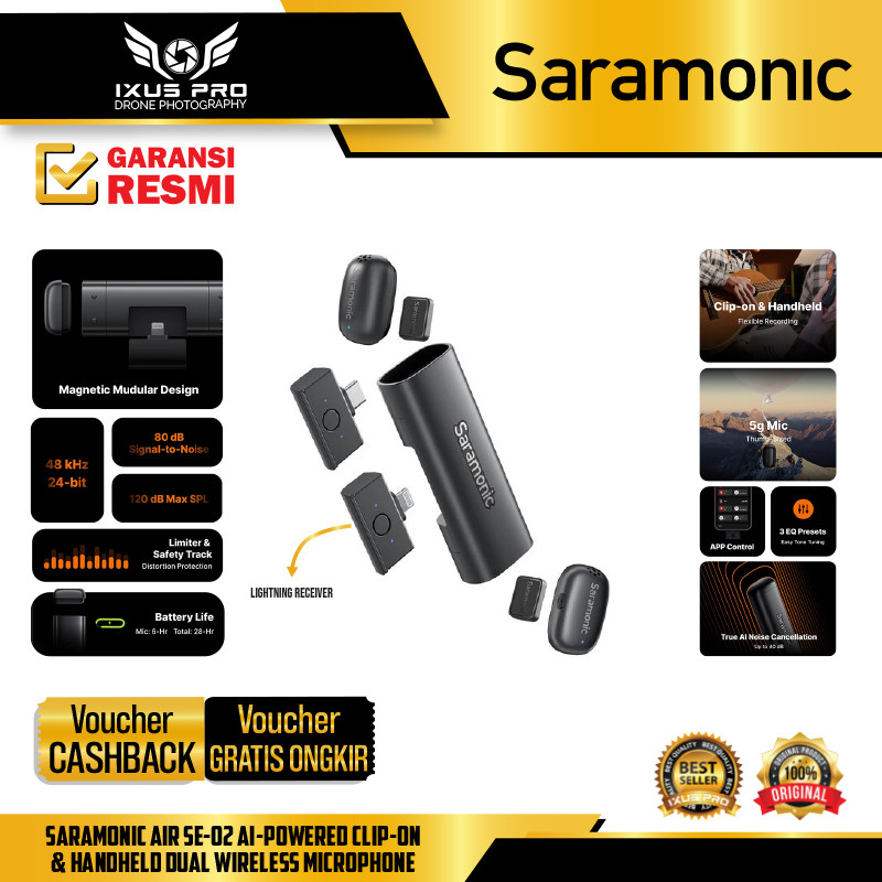 SARAMONIC AIR SE AI-Powered Clip-On & Handheld Dual Wireless Microphone for Smartphone HP Mic Wirele