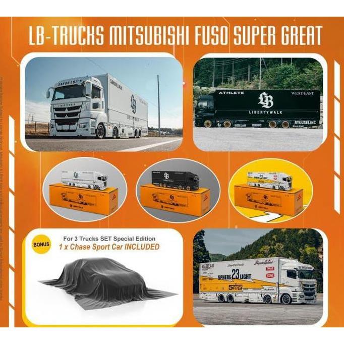 GCD 1/64 LBWK Mitsubishi LB Trucks Fuso Super Great LBWK Set with Sport Car - Diecast Mobil Model Mi