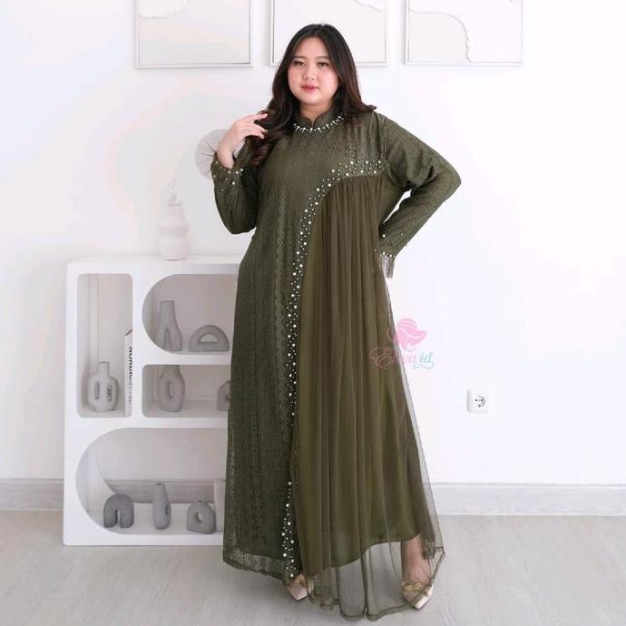 Uffa- Gamis Brukat Zanitha Jumbo Meh Mutiara Ld 130 140 Dan 150