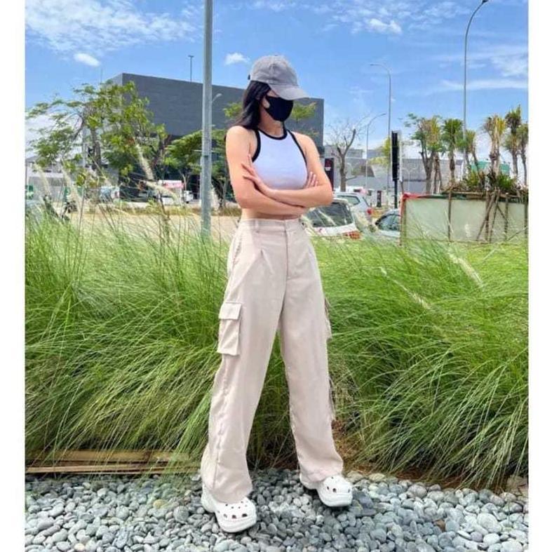 Grade Ori Celana Cargo Wanita Highwaist Premium Jumbo Pinggang Karet Cargo Pants Wanita American Dri