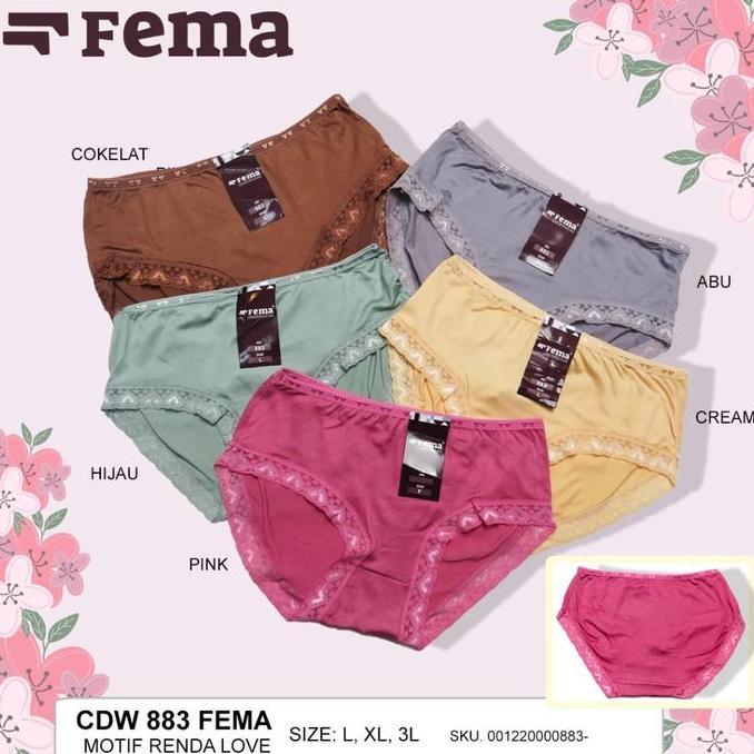 FEMA Official Shop 3,6,12 pcs CD Wanita 883 Pinggang Love Paha Renda Celana Dalam Bahan Nylon Spande