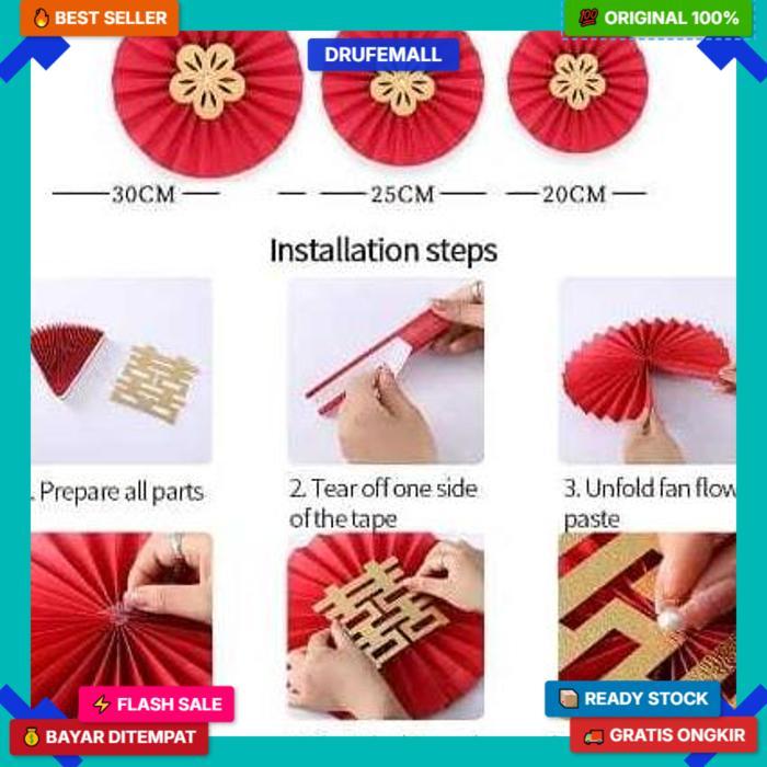 6Pcs/Set Kipas Gantung Kertas/Motif Imlek Fu/Paper Fan Imlek/Paperfan Dekorasi Imlek/Dekorasi Hiasan