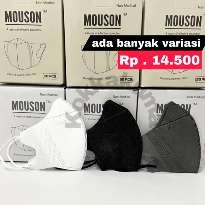 ( KKM ) MOUSON Masker Duckbill Garis 4 PLY isi 50 pcs Disposable Mask Dewasa Hitam / Putih / Abu / M