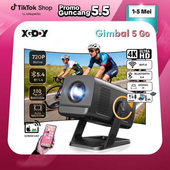 Xgody Gimbal 5 Go Smart Proyektor Lcd - Android 14 - 720P - Built-In Speaker - Netflix - Youtube - 3