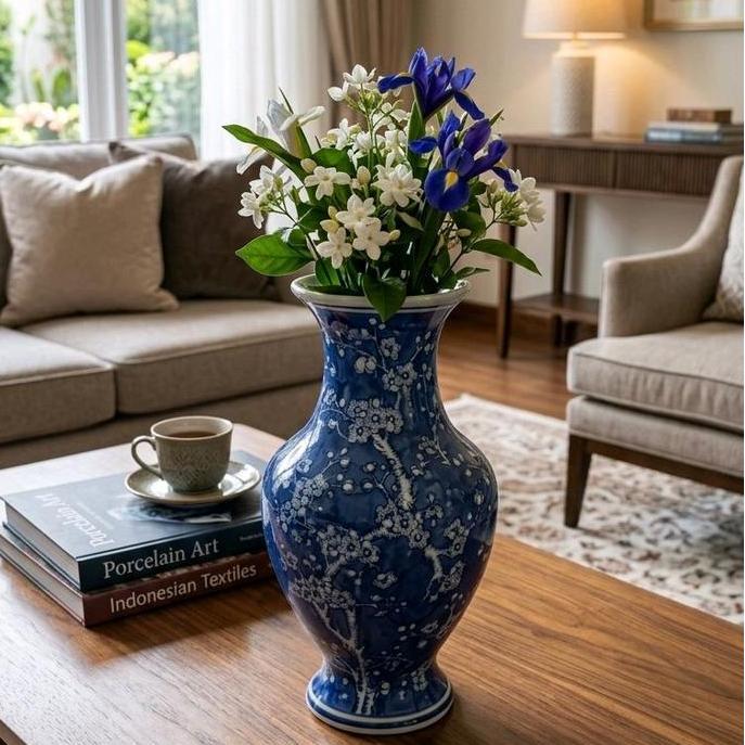 vas bunga pot guci bunga keramik motif sakura biru tinggu 35 cm