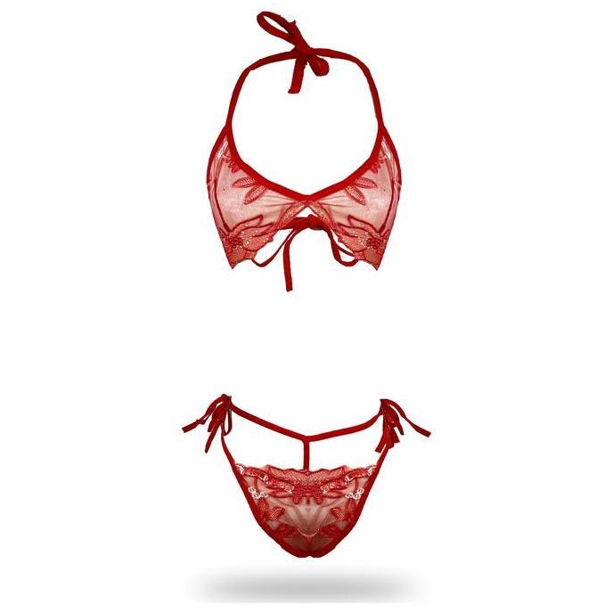 [ RedPink ] Lingerie Stelan Bikini Seksi Transparan Wanita Dewasa Corak Bunga Bordir Sifon Good Qual