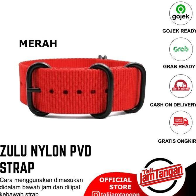 Tali Jam Tangan Nato / Zulu Nylon Red Strap 5 Ring Black PVD 20mm