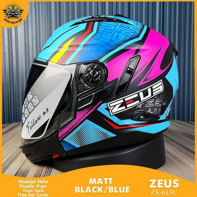 Zeus Helm Modular ZS-613C AJ11 Biru dengan Peak Helm Eksternal Double Visor Full Face untuk Motor de