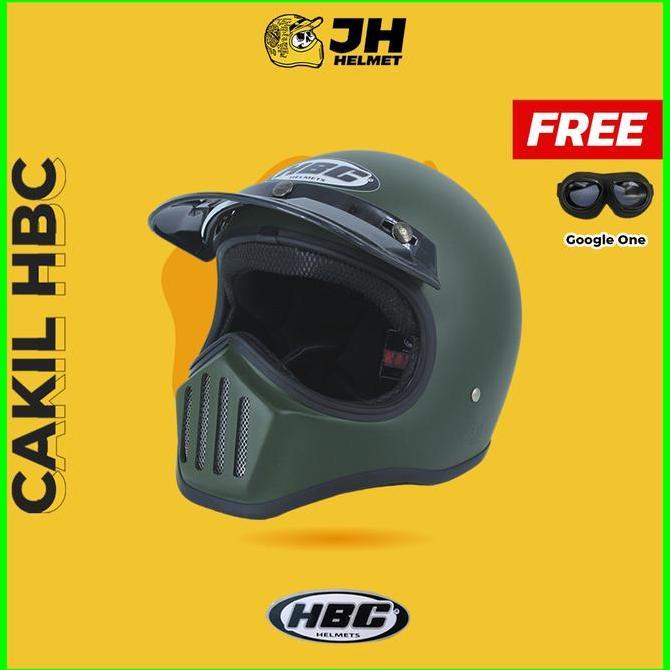 Helm Cakil HBC Polos Army Doff + FREE GOGGLE | Retro Full Face