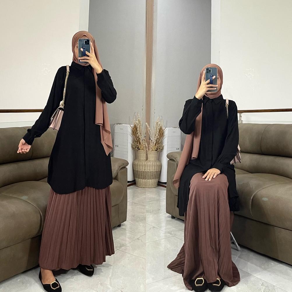 original alina tunik wanita katun rayon twill - nyaman dipakai, lengan manset, full kancing by zalfa