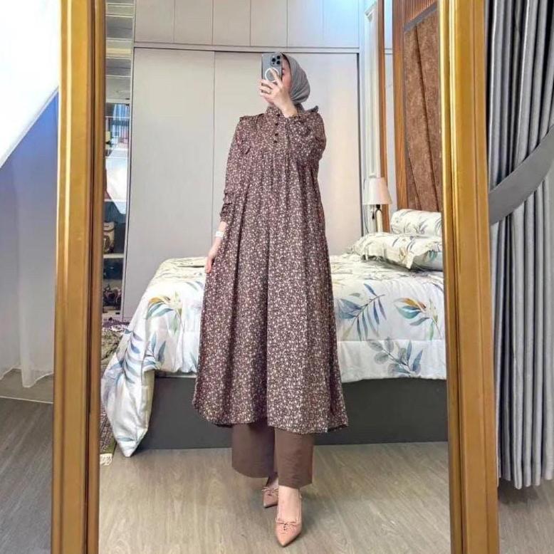 BIG PROMO Setelan Tunik Panjang Kirania// One Set Long Tunik Rayon Diamond Celana Kulot Crinkle Semi