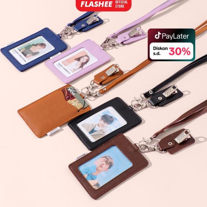 Flashee ID Card Holder Mika Plastik Kulit Termasuk Tali Dan Penjepit Oscar Name Tag Kulit Bisa