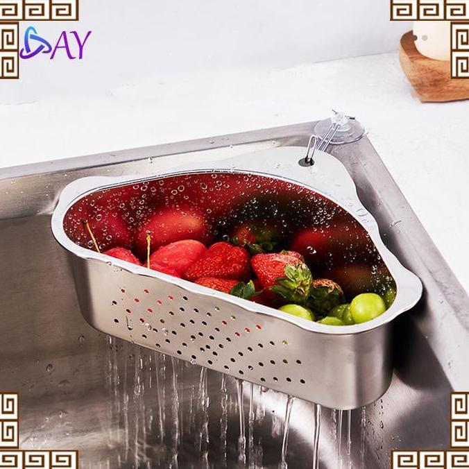 Rak Saringan Wastafel Segitiga Stainless Steel Tempat Sabun Spons Cuci Piring Tempat Tirisan Cucian 
