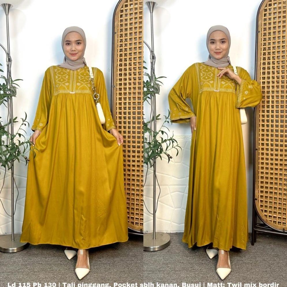 BIG SALE MIDI BORDIR MIKAYLA LENGAN 3/4 - MIDI SEMI GAMIS RAYON TWILL ADEM LEMBUT DAN BERSERAT - MID