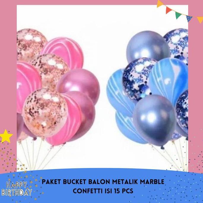 Paket Bucket Balon METALIK MARBLE Confetti isi 15 PCS