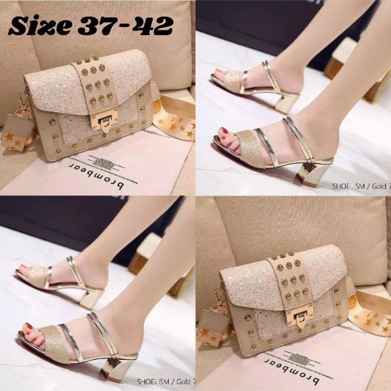 Free Ongkir Diata Paket Tas Dan Sandal Hak Tahu 2In1 Wanita Gliter Berkilau Sandal Heels Kekinian Ko