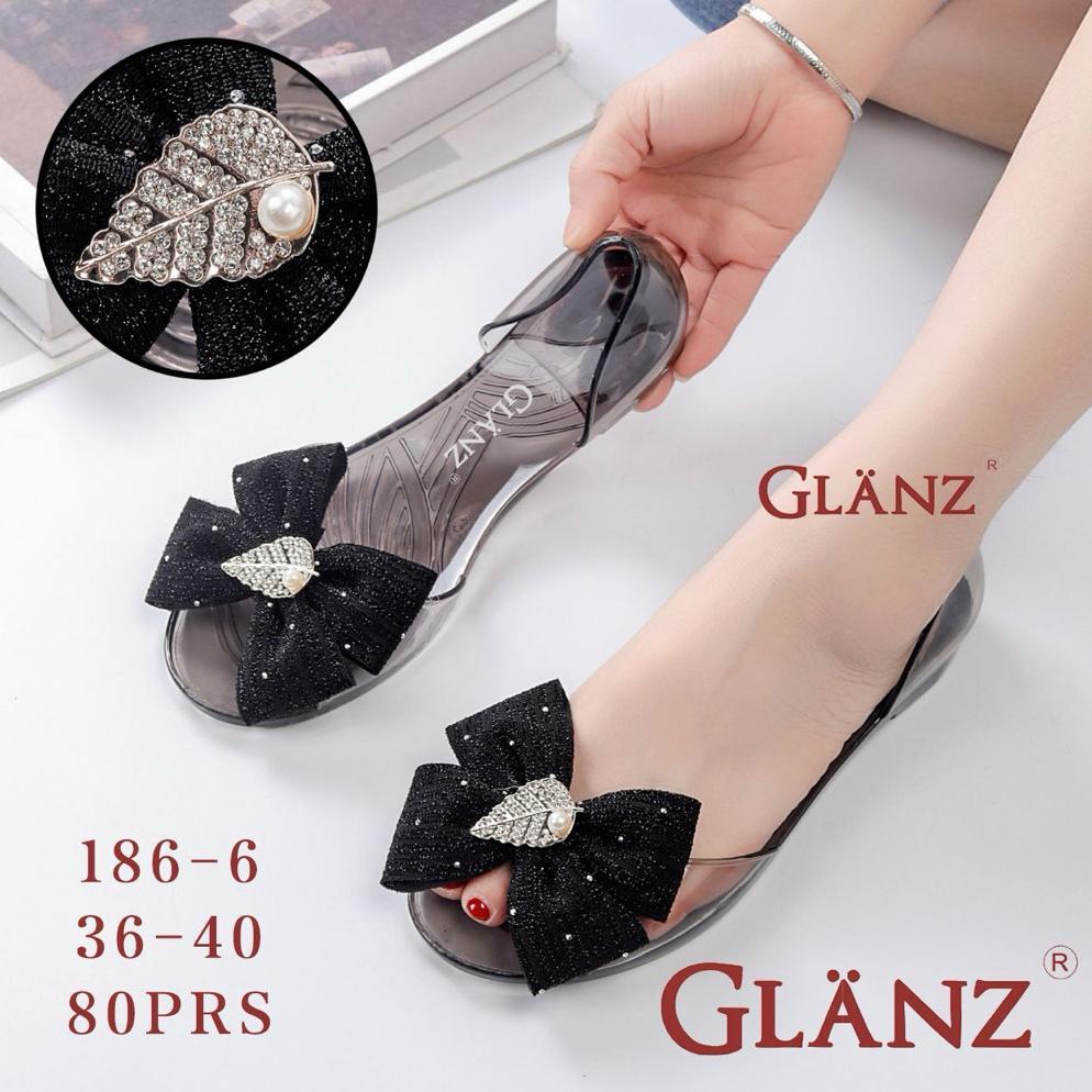 100% AMAN SEPATU JELLY GLANZ 186-1 SEPATU FLAT JELLY TRANSPARAN MAWAR HITAM ORGANZA TERBARU