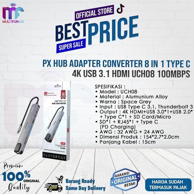 PX Hub Adapter Converter 8 in 1 Type C 4K USB 3.1 HDMI UCH08 100Mbps
