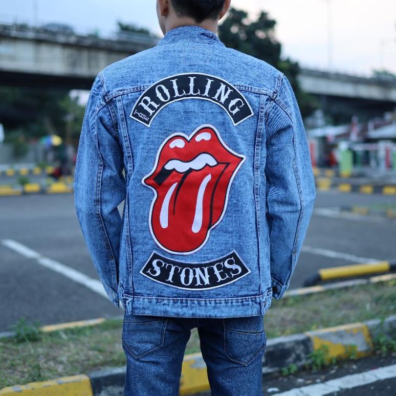 SUPER DEAL Jaket Jeans Denim Bordir Emblem Pria / Jaket Jeans Bordir Besar  - Sandwash Biru Bordir
