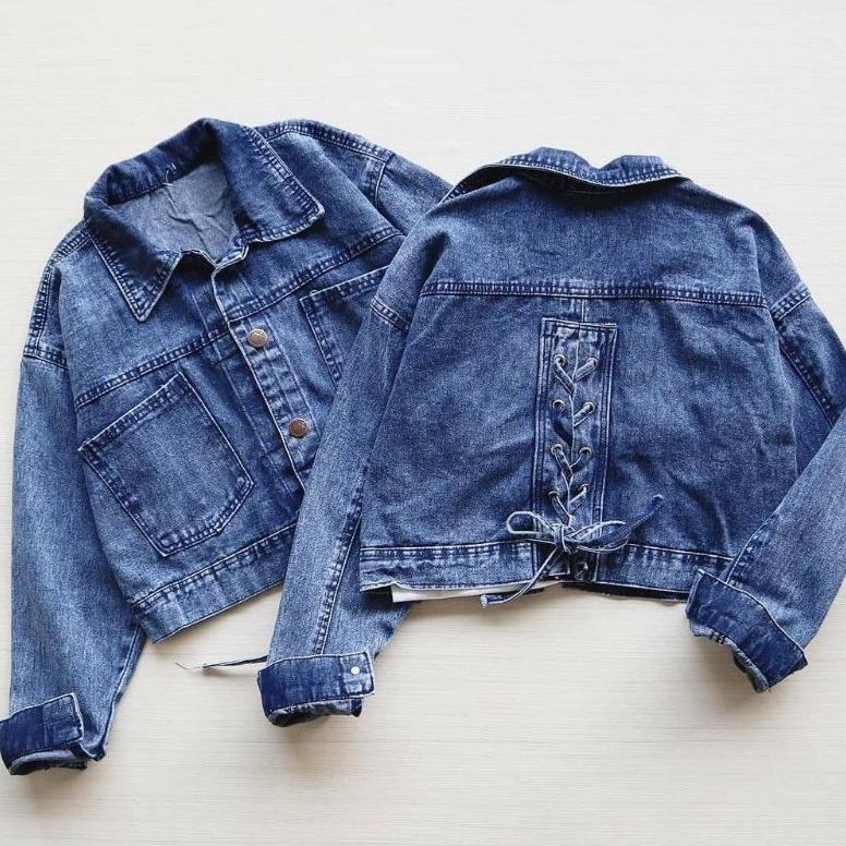 BEST SELLER Jaket Jeans Tali Belakang Crop Oversize Wanita Jaket Denim Terbaru
