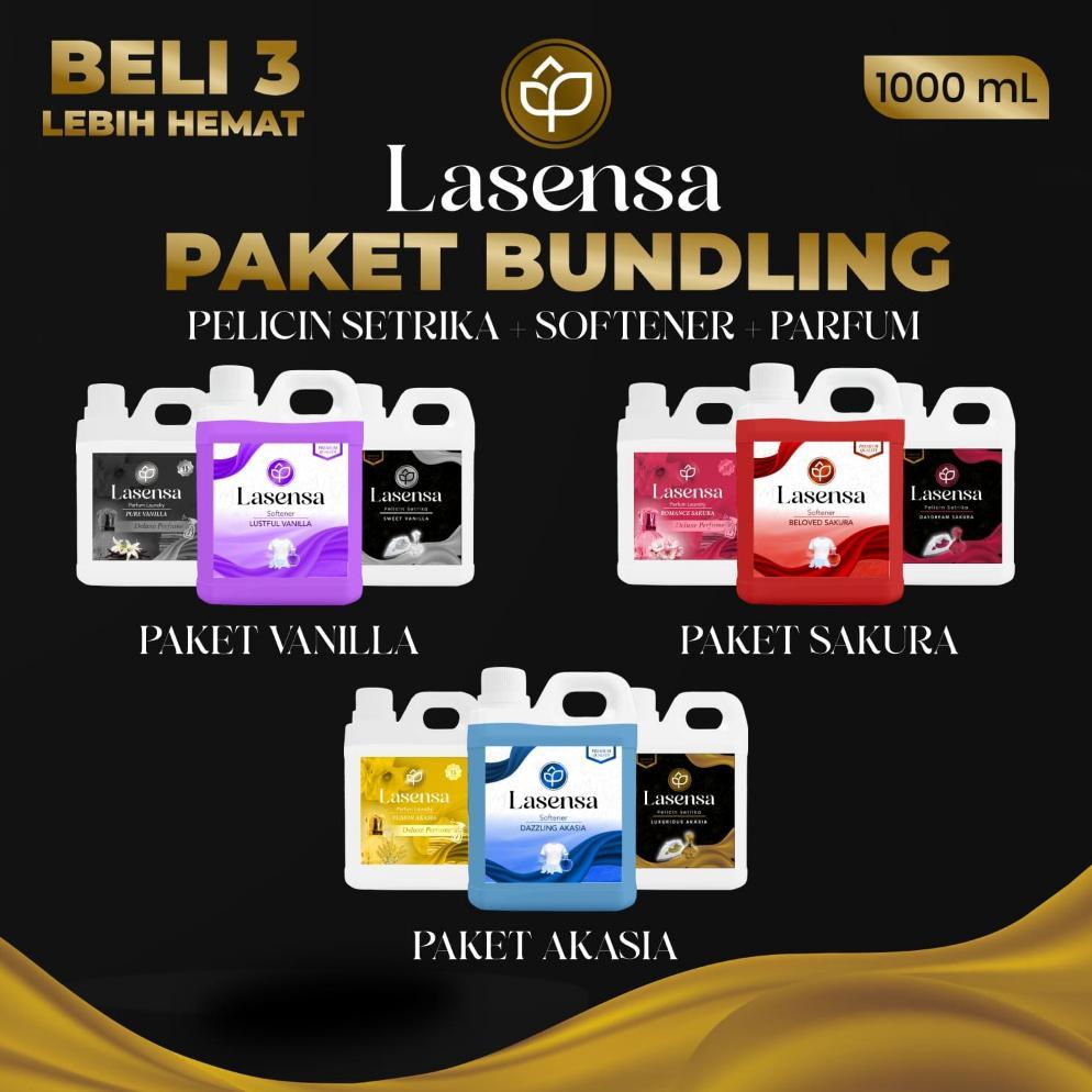 Lasensa Paket Bundling Pelicin Setrika Softener Parfum Laundry 1 Liter - Vanilla, Sakura, Akasia