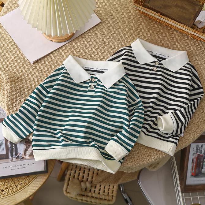 BAJU ANAK SWEATER LAKI LAKI PEREMPUAN KERAH KANCING DEPAN STRIPE IMPOR