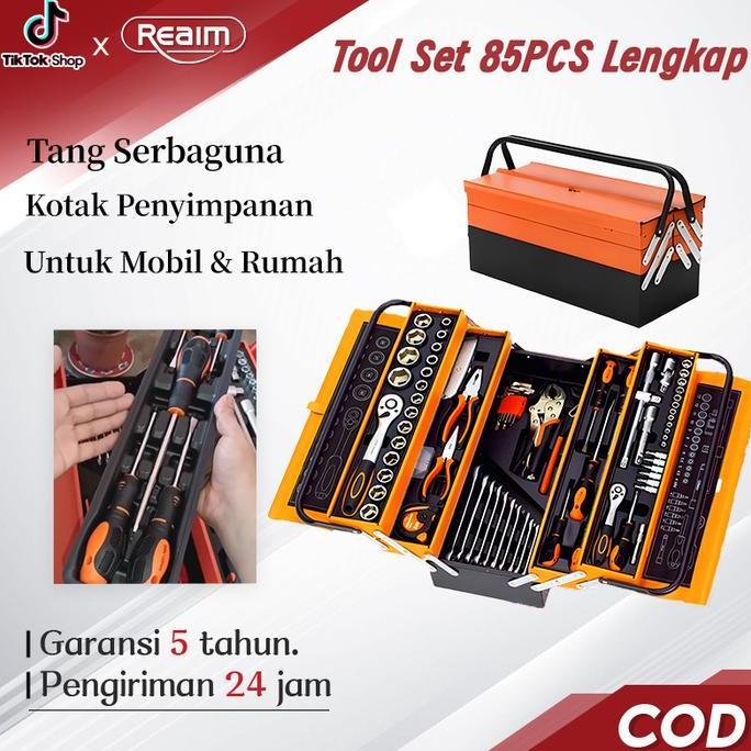REAIM Tool Kit 85PCS Set Perkakas Bengkel Mobil Motor Kunci Sok Metrik Kunci Ring Kunci Shock Set Ma