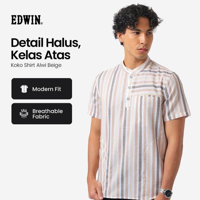 180kitolapak - edwin jeans - kemeja koko pria lengan pendek alwi beige baju muslim pria