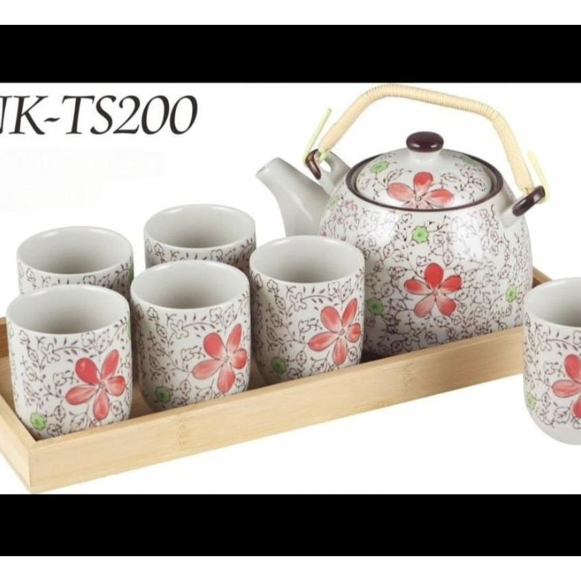 Nakami Tea Set Jepang 9Pc Nk Ts080A Ts200 Dengan Nampan Kayu  Motif Rose Pink Bunga Sakura Perlemgka