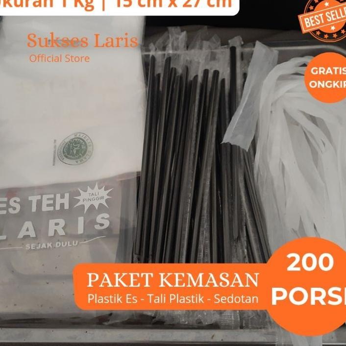 Paket Kemasan 1 Kg Sablon "Es Teh Laris" 200 Porsi 15 X 27 Cm / Plastik Es Teh / Sedotan / Tali Ping