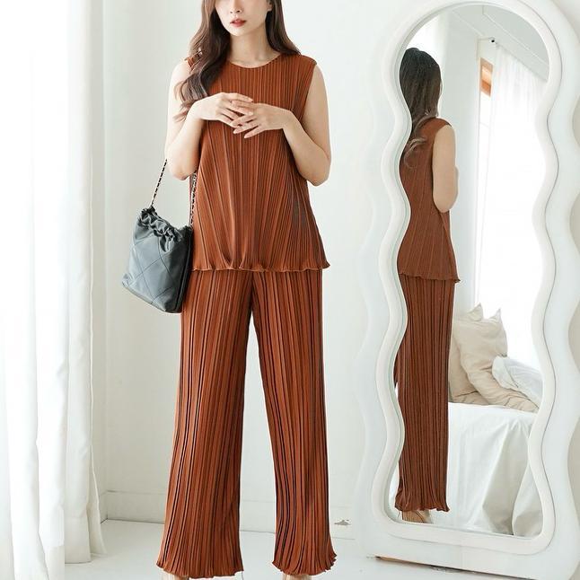 One Set Plisket Setelan Plisket Oneset Tanktop Kulot Plisket Atasan Plisket Kulot Plisket