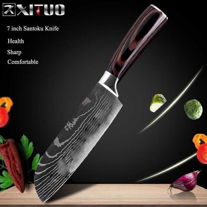 XITUO Pisau Dapur Chef Damascus Pattern 7 Inch Santoku Knife