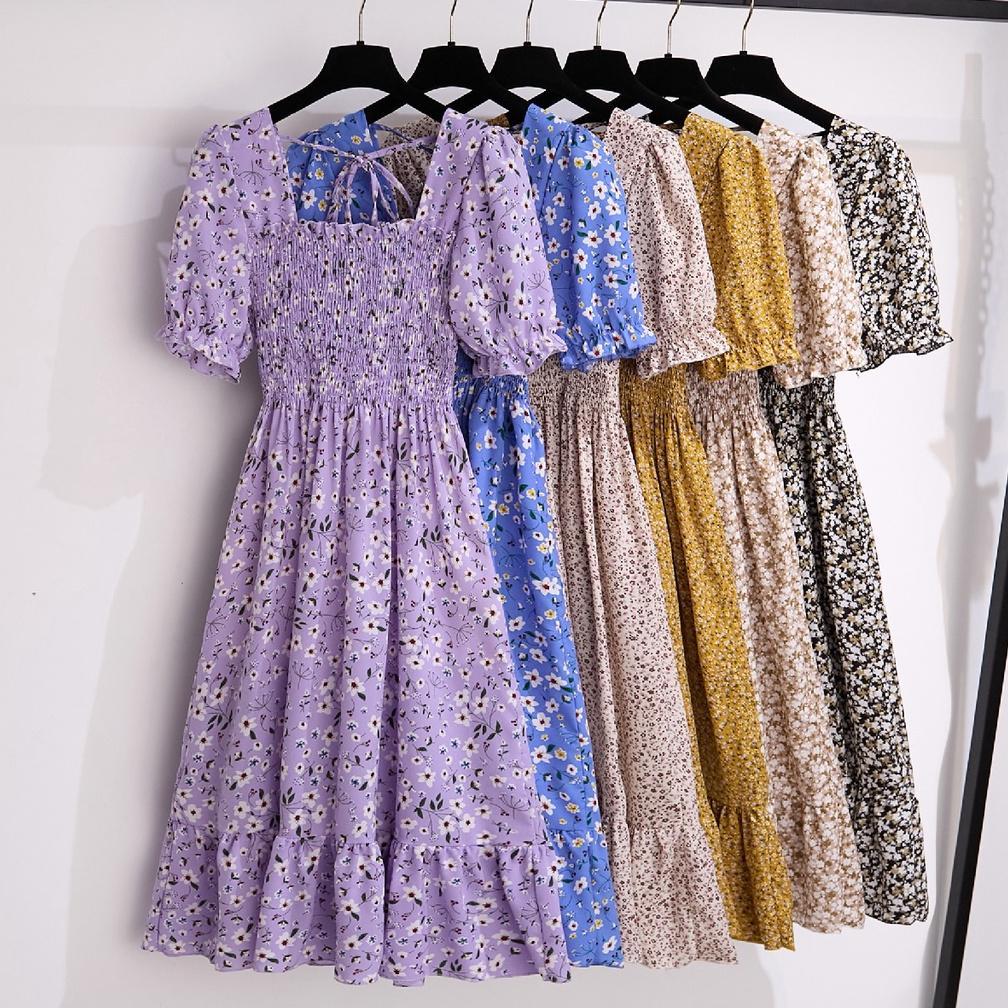 Kualitas Tinggi New Hitam Kuning Merah Muda Hijau Merah Biru Ungu Floral Midi Dress Korea Style Pant