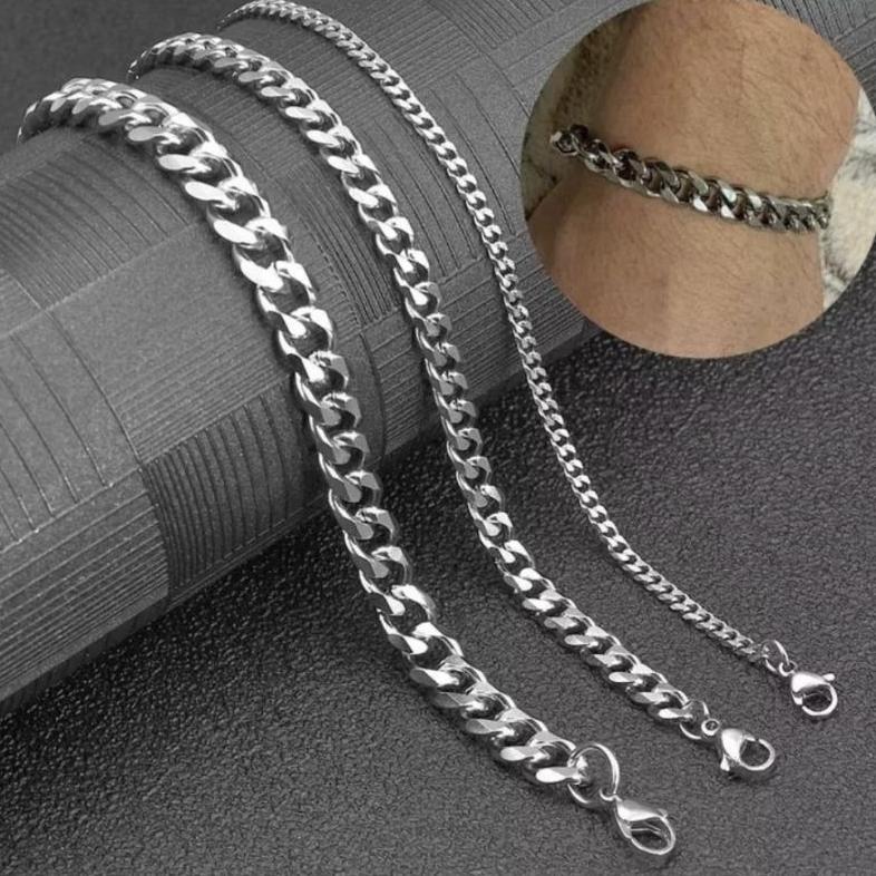 KUALITAS SUPER Gelang Pria Wanita Titanium Rantai Silver Putih Perak Asli Rante Cowok Cewek Keren An