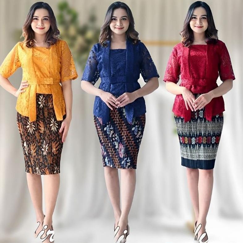 Set Kebaya Kutu Baru Modern Atasan Kebaya Brokat Nadira Tangan Pendek Mix Rok Plisket Batik Pendek M