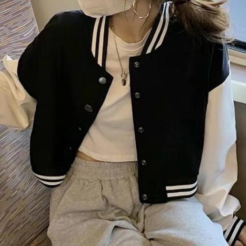 BESTPROMO Jacket Crop Baseball Wanita | Korean Style Varsity Cropped | Atasan Wanita | Jacket Crop W
