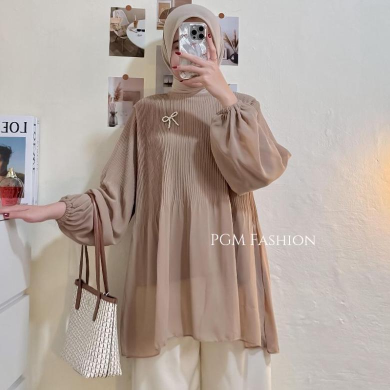 Kayra Blouse Plisket Atasan Wanita Polos Kerah Bulat Lengan Balon Full Furing Ceruty Babydoll