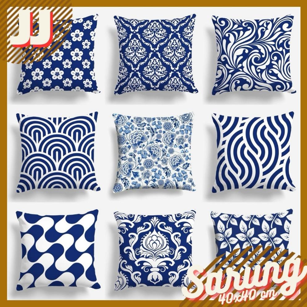 Sarung Bantal Sofa Print Motif Biru Navy Putih Porcelain 40X40 Cm