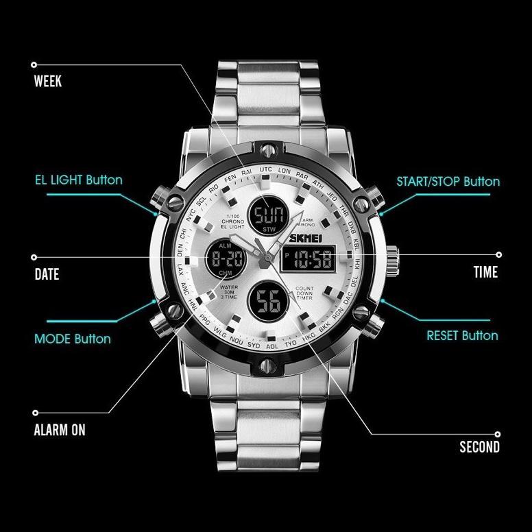 SUPER DEAL Jam Tangan Pria Digital Analog SKMEI 1389 Silver White Water Resistant 3 ATM ORIGINAL KEK