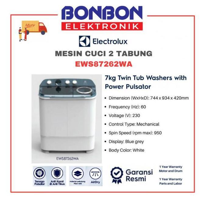 Electrolux Mesin Cuci 2 Tabung 7KG EWS87262WA / EWS 87262WA / 87262 WA