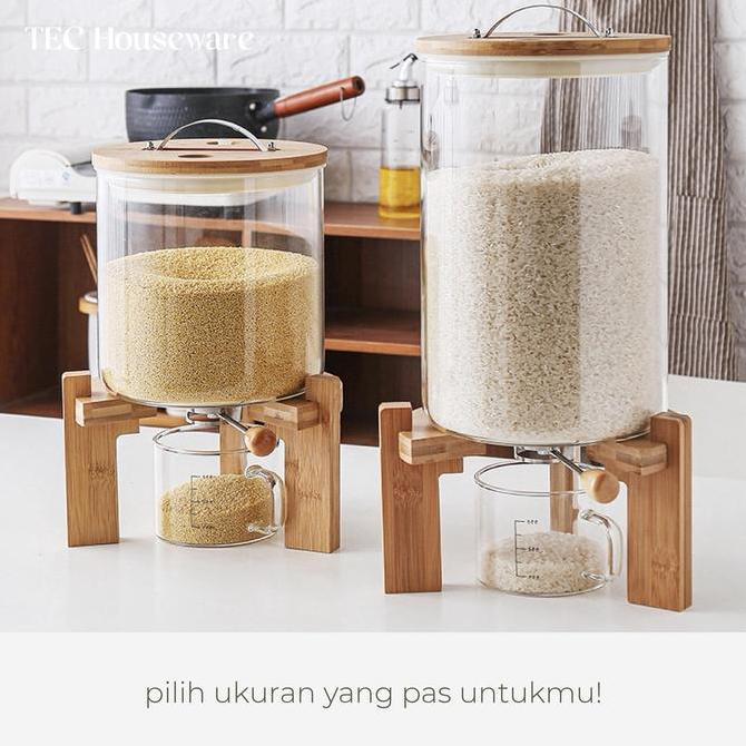 TERMURAH - TECMAZI Rice Dispenser Tempat Penyimpanan Beras Wooden Rice Dispenser Dispenser Beras Kay