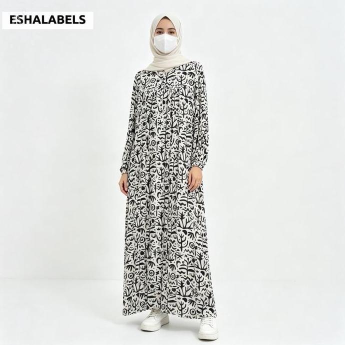 Tania Dress Gamis Rayon Viscose Busui Friendly Tanpa Hijab Manset Karet Tangan Semi Balon
