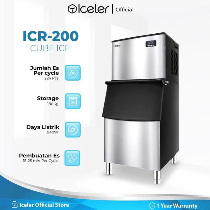 pingkpink- Iceler Mesin Es Batu Commercial Ice Maker ICR-200 200KG/24JAM Ice Cube Machine 224pcs/Cyc