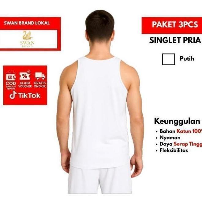 2Pcs  Swan Kaos Dalam Singlet Pria Putih 100% Katun Original Nyaman Ukuran 34-44 Sku - 361