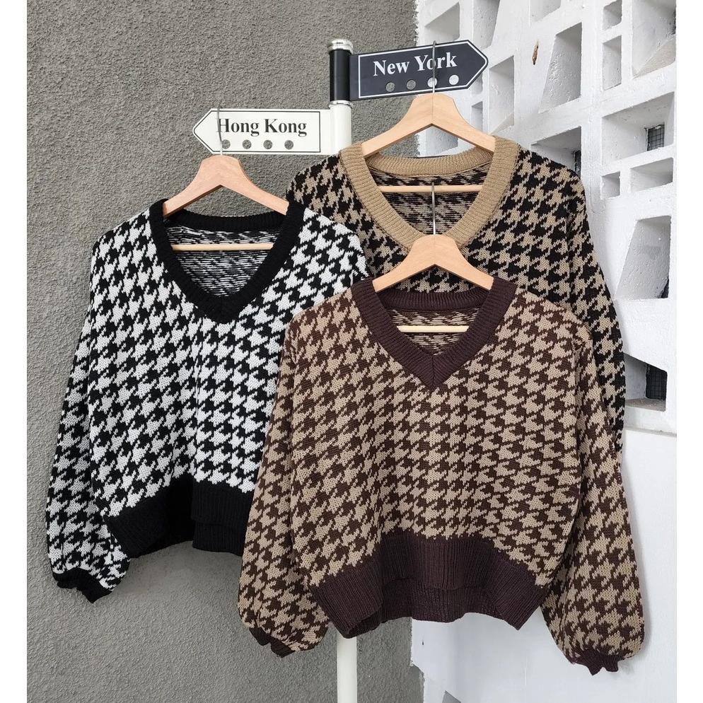 Crop Sweater Houndstooth / Rajut Outer Wanita Trendy Murah / Sweater Rajut Crop Top