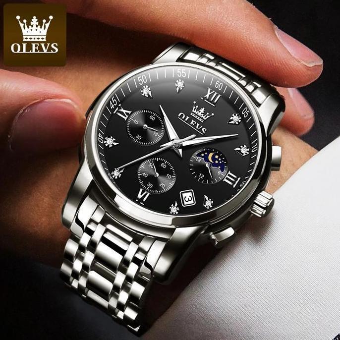 Orologi- Olevs Jam Tangan Pria Anti Air Stainless Steel Chrono Aktif Cowok Luminous Kalender Analog 